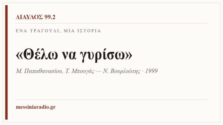 Κάρτα ΔΙΑΥΛΟΣ 99.2 — Ένα τραγούδι, μία ιστορία: «Θέλω να γυρίσω», Μ. Παπαθανασίου, Τ. Μπουγάς — Ν. Βουρλιώτης · 1999
