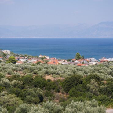 Οι Χράνοι Μεσσηνίας από ψηλά, με τα κεραμίδια των σπιτιών, τους ελαιώνες και τον Μεσσηνιακό κόλπο