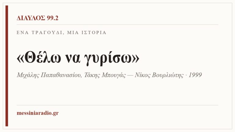 Κάρτα ΔΙΑΥΛΟΣ 99.2 — Ένα τραγούδι, μία ιστορία: «Θέλω να γυρίσω», Μιχάλης Παπαθανασίου, Τάκης Μπουγάς — Νίκος Βουρλιώτης · 1999